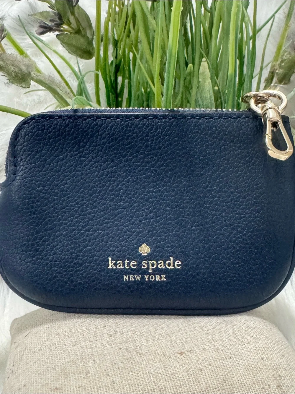 Kate Spade ♠️ Zip Coin Purse Pouch Navy Pebbled Leather Gold Hardware